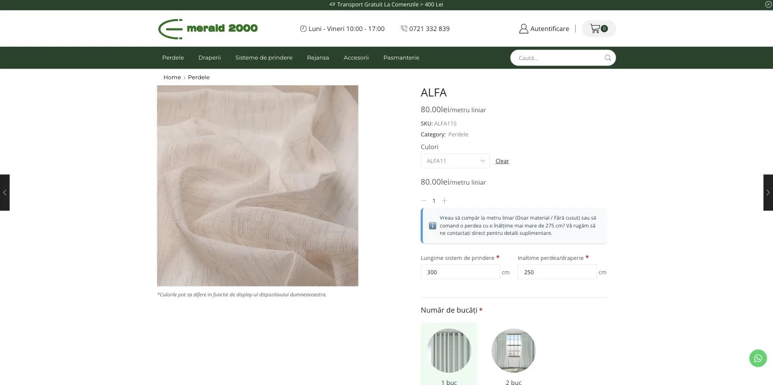ALFA product page with the configurator: colour ALFA11, 300 cm length and 250 cm height entered