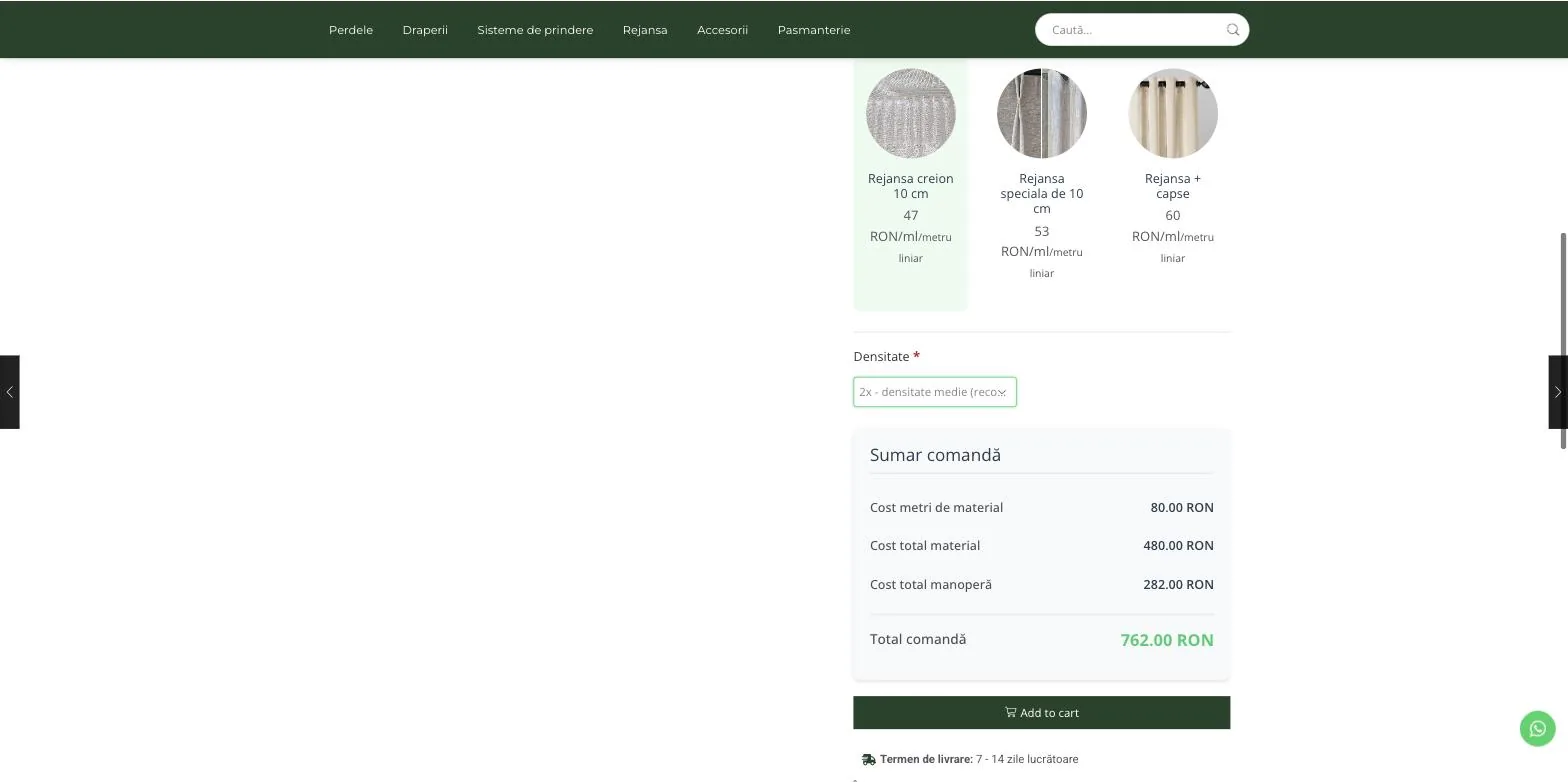 Configurator order summary: material cost, workmanship cost and total calculated live