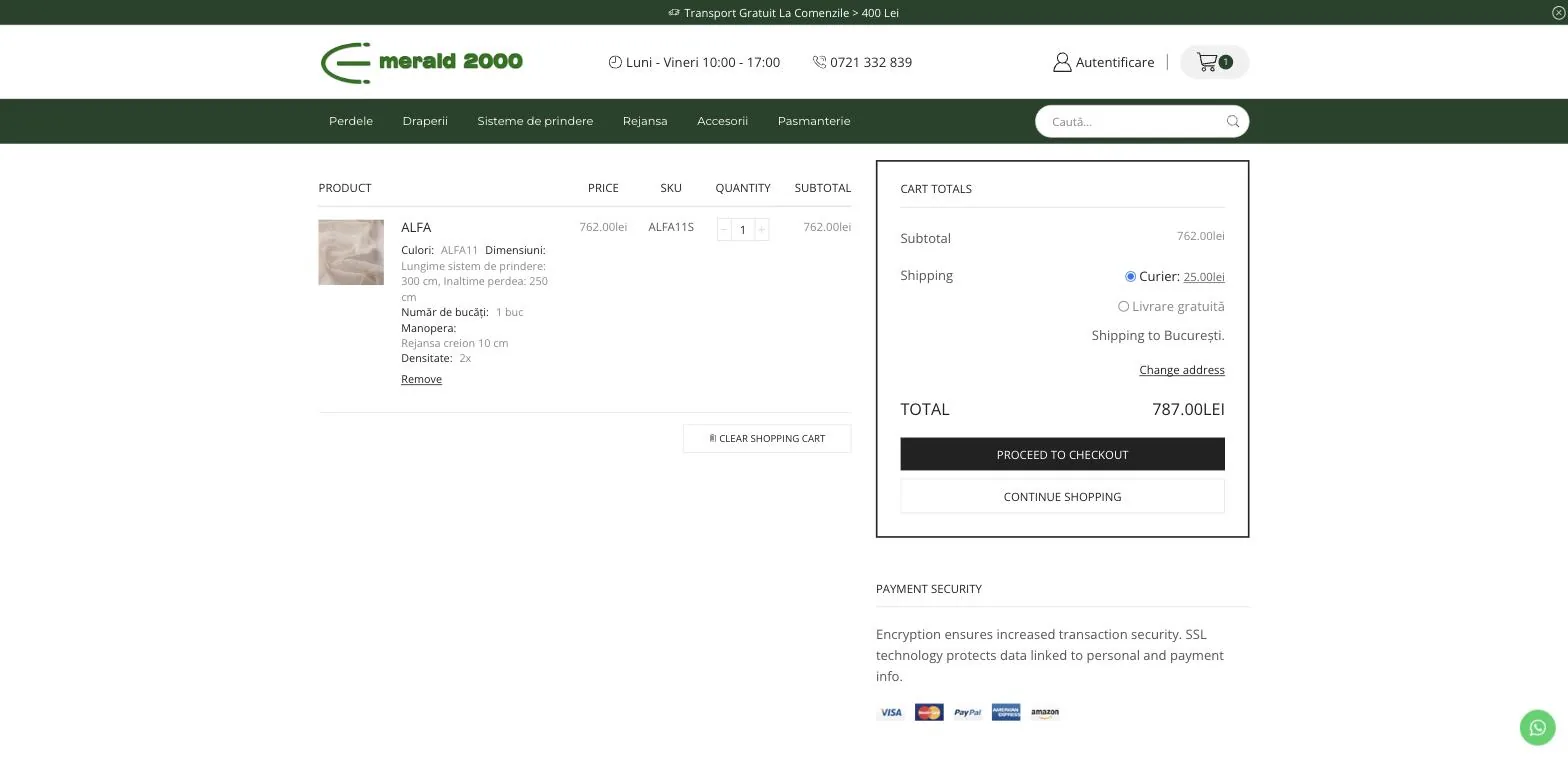 WooCommerce cart showing the configured curtain with all its options and the total