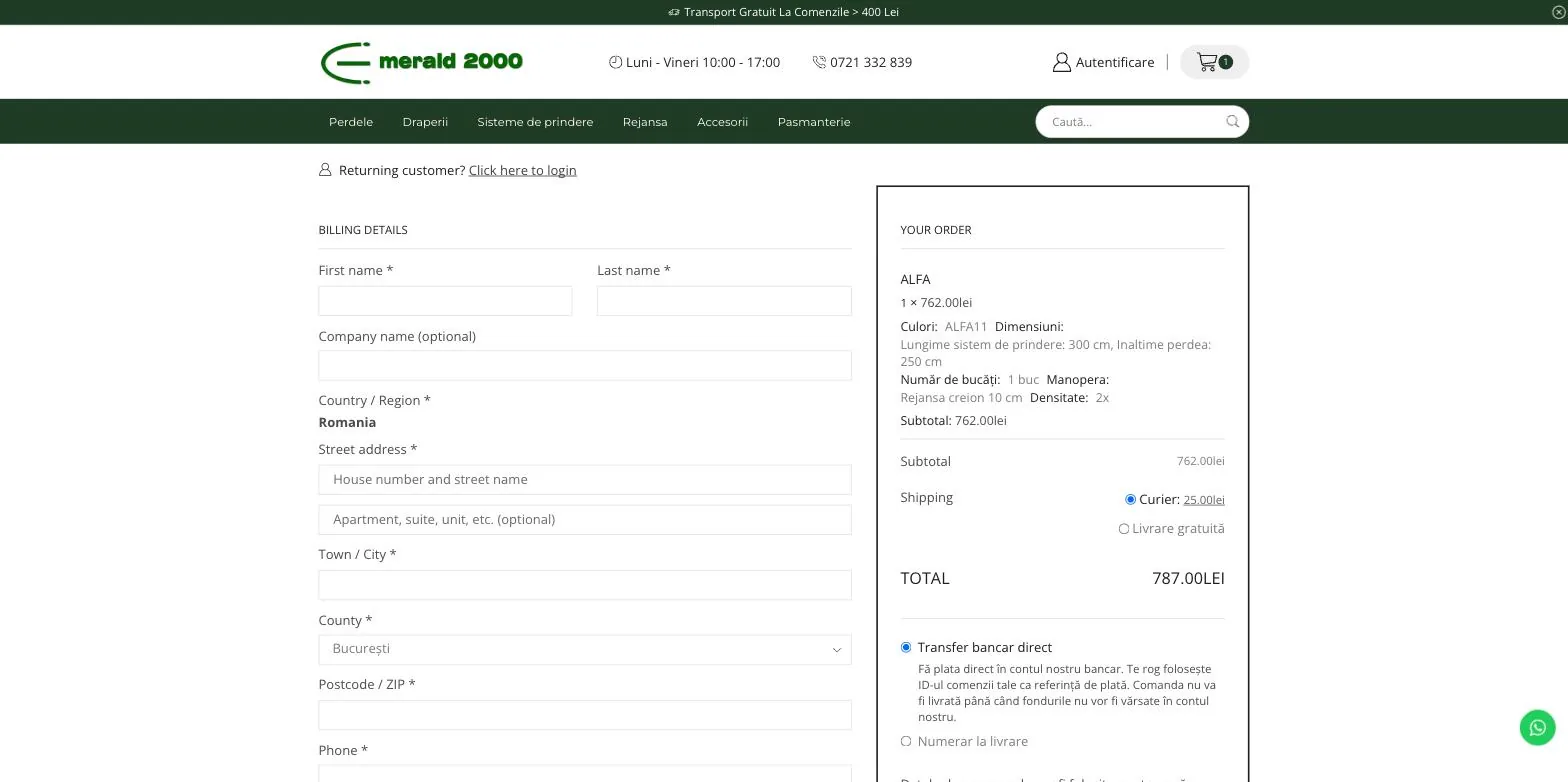 Checkout page with the complete summary of the configured curtain in the order block